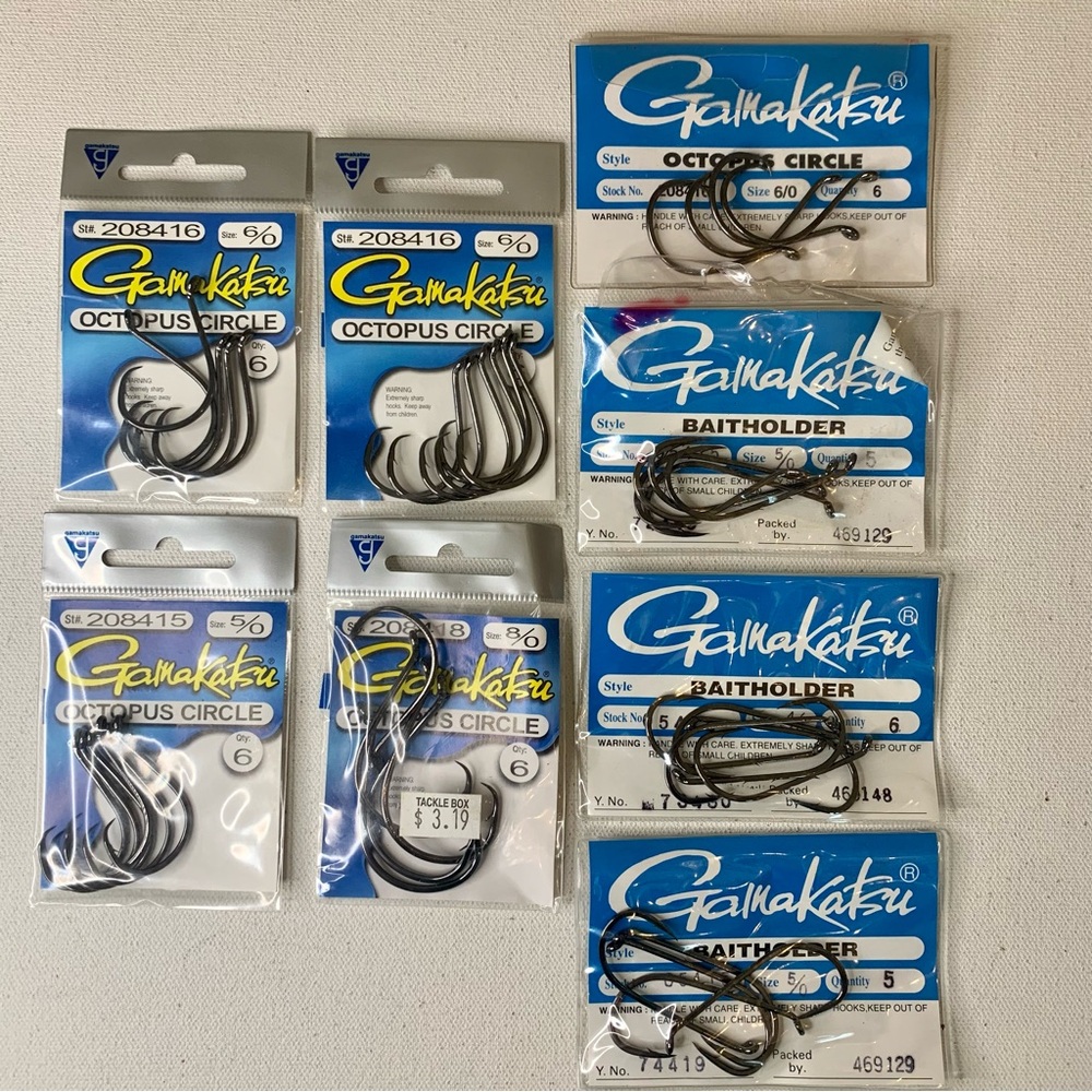 Lot of 8 Gamakatsu Octopus Circle Hooks & Baitholder Hooks Various Sizes 208416